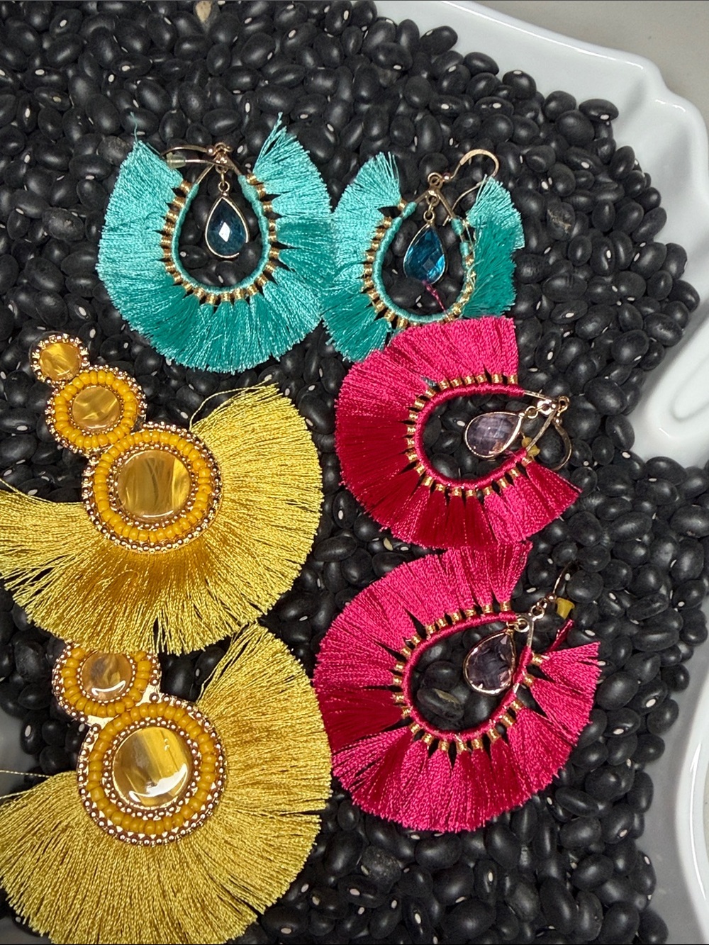 Colorful Fringe Teardrop Earrings - Turquoise, Hot Pink & Yellow set